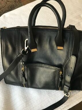 Black Structured Leather Satchel with Gold Hardware